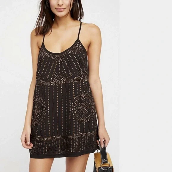 Free People Sedona Embellished Black and Gold Sequin Mini Slip Dress - Picture 11 of 11
